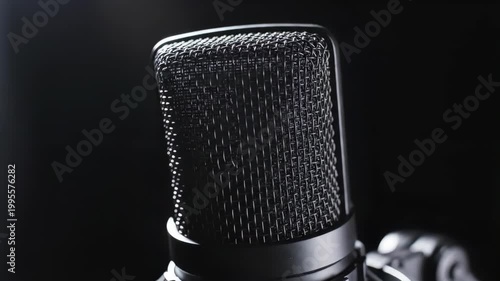 Close up of a professional studio microphone on a black background.