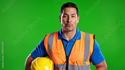 Construction Worker Holding Hard Hat and Safety Glasses on Green Screen.