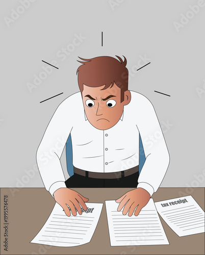 Cartoon illustration of a businessman in the office stressing over taxes and other financial documents.