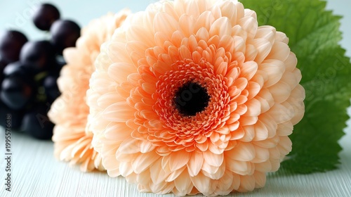 Still life composition photography, two yellow daisy-like flowers on a rustic white wood background, with a blurry cluster of dark berries on the left and a soft focus green leaf on the right.