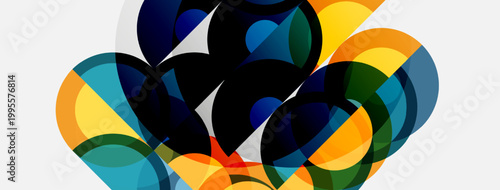 Abstract composition featuring overlapping translucent shapes. Colors include blue, yellow, green, black, white. Modern design, dynamic interplay.