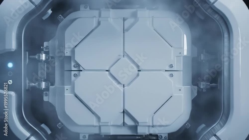 Futuristic technological device with a complex interior design and details.