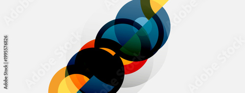 Abstract circles overlap, creating vibrant color blends. Modern design, simple shapes, dynamic composition. Light background enhances visual impact.