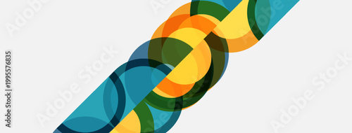 Abstract design features overlapping colorful circles. Yellow, green, blue hues create dynamic visual texture. Modern, simple composition.