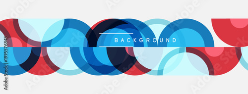 Abstract design features overlapping circles. Red, blue, light blue hues create dynamic pattern. Minimalist style, modern aesthetic.