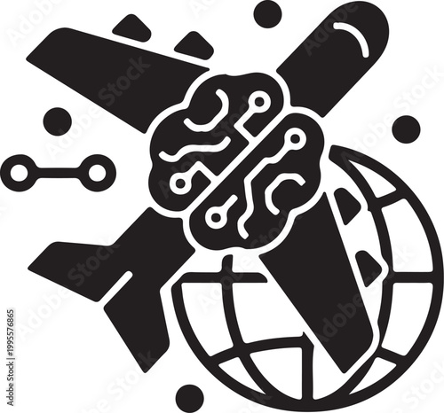 AI in travel icon featuring an airplane, a digital brain with circuits, and a globe, representing smart aviation and global travel tech.
