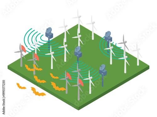Protecting wildlife at wind farms Isometric illustration depicting advanced technological solutions to mitigate the environmental impact of renewable energy production on vulnerable bat populations