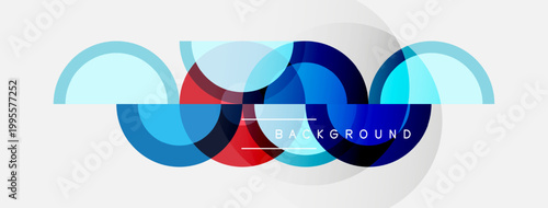 Abstract design features overlapping colorful circles. Blue, red hues create modern visual effect. Minimalist composition, clean lines.