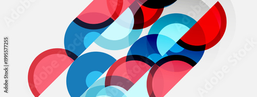Abstract composition featuring overlapping circles. Red, blue, light blue hues create dynamic visual effect. Minimalist design, modern aesthetic.