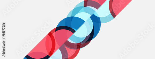 Abstract design features overlapping circles, red, blue, light blue hues. Minimalist composition, clean lines, modern aesthetic.