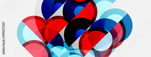 Abstract composition. Overlapping circles, red, blue, black, light blue hues create dynamic visual effect. Modern design.