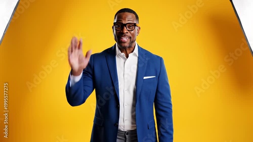 Professional Black Man in Blue Suit Waving Hello.