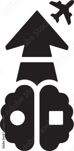 Icon featuring a human brain connected to an upward arrow pointing toward an airplane, representing artificial intelligence in the travel industry.