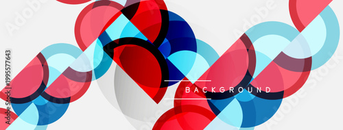 Abstract geometric shapes overlap, creating vibrant color composition. Pink, red, blue hues dominate design. Modern background texture.