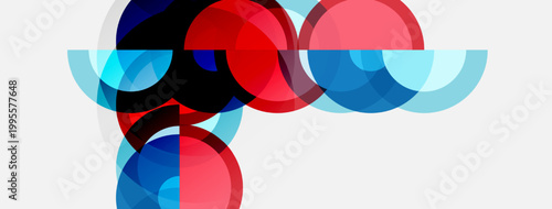Abstract composition featuring overlapping circles. Red, blue hues dominate white background. Modern design, dynamic shapes create visual interest.