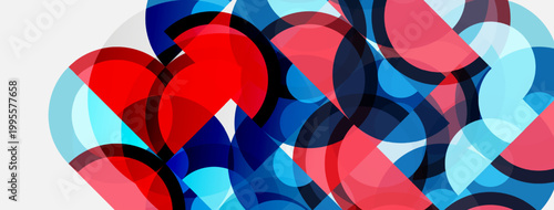 Abstract composition featuring overlapping circles. Red, blue, pink hues create dynamic visual texture. Modern design, clean aesthetic.
