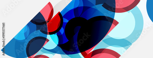 Abstract composition. Overlapping shapes create dynamic visual effect. Blue, red, light blue hues dominate design. Modern aesthetic.