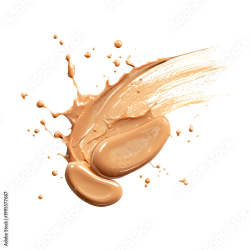 Splash of liquid foundation with droplets on white background