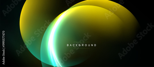 Abstract design features glowing layers, yellow, green hues. Dark background emphasizes bright circular shapes, modern aesthetic.