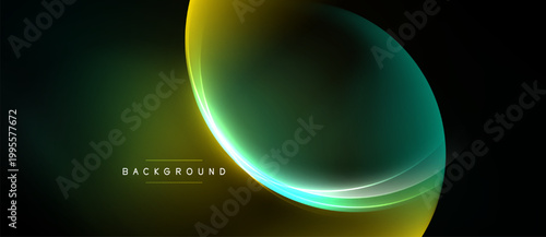 Abstract design features glowing curves, vibrant colors. Dark background enhances luminosity, creating modern aesthetic. Smooth gradients dominate composition.