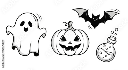 Monochrome Halloween celebration icons and character designs feature a grinning Jack-o'-lantern, a spooky ghost, a flying bat, and a bubbling potion bottle, presented as a clean black