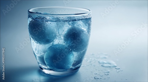Spherical ice spheres melting slowly in a clear glass filled with water and ice cubes, showcasing a refreshing drink.