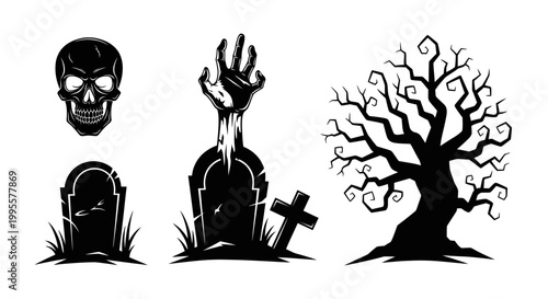 Detailed Halloween illustration featuring a black silhouette of a spooky skull, a zombie hand emerging from a grave, and a gnarled tree, all set against a clean white background to evoke