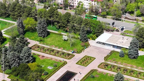 Botanical garden with a view of the city of Almaty. The view from the drone.