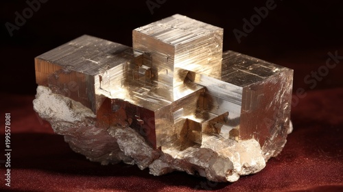 Interlocking Golden Pyrite Crystal Structures With Metallic Luster Against Dark Background