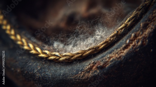 Detailed close up of braided steel wire embedded in textured rubber with fine fibers