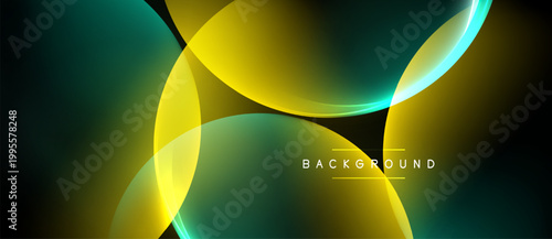 Abstract design features flowing curves, vibrant yellow, teal hues. Dark background enhances luminosity, creating dynamic visual effect.