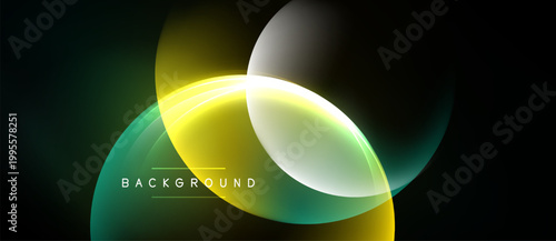 Abstract neon lights overlap, creating vibrant circular forms. Dark background emphasizes glowing colors, modern design element.