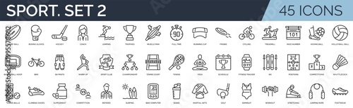 Set of 45 outline icons related to sport. Second set. Linear icon collection. Editable stroke. Vector illustration	