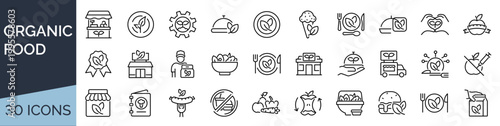 Set of 30 outline icons related to organic food. Linear icon collection. Editable stroke. Vector illustration
