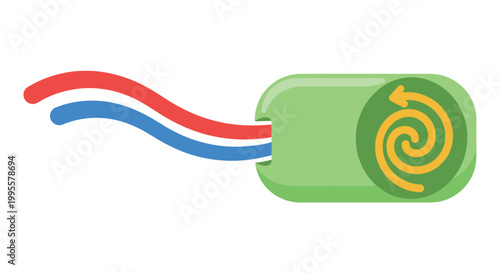 A stylized illustration depicts a green cylindrical object with a spiral and flowing red and blue lines