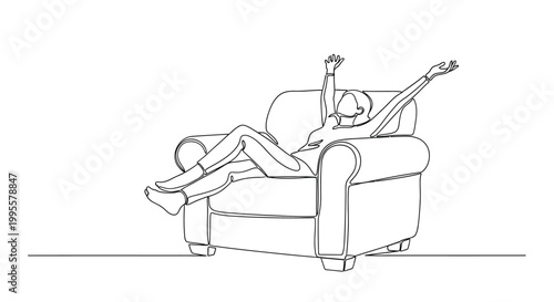 Tableau sur toile A continuous line drawing depicts a person relaxing in a comfortable armchair wi