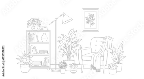 Εκτύπωση καμβά A minimalist interior design featuring a comfortable armchair bookshelf plants a