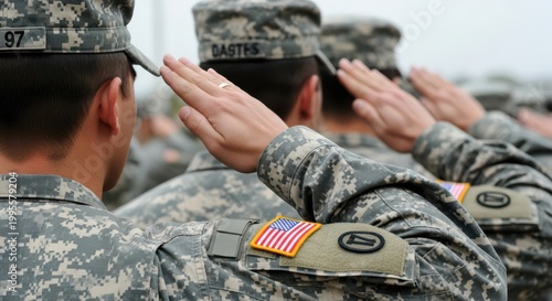 Military soldiers saluting in camouflage uniforms, US army troops in formation, patriotic American service members showing respect