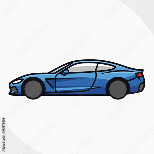 Blue sports car side view in a cartoon style on white background