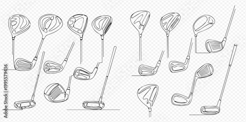 Set of golf clubs in continuous line art drawing style, golf equipment outline collection.