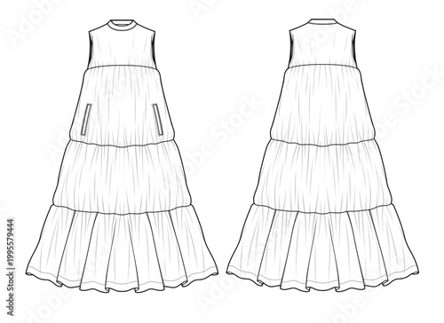 Peasant dress front and back view technical flat drawing vector mockup illustration.