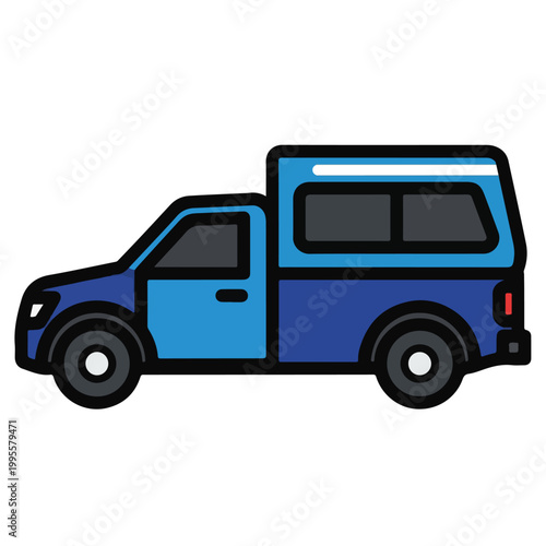 Blue pickup truck with camper unit on back for travel