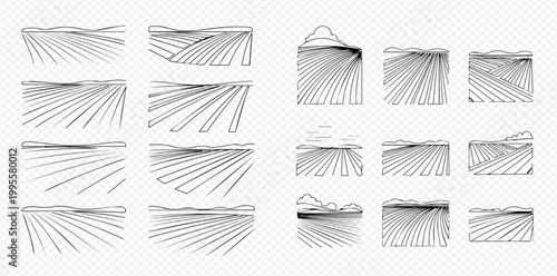 Set of various hand-drawn agricultural fields with rows of crops, perfect for farming and rural landscape designs.