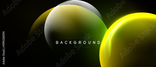 Abstract circles overlap, creating vibrant neon glow effect. Dark background emphasizes luminous shapes, modern design element.