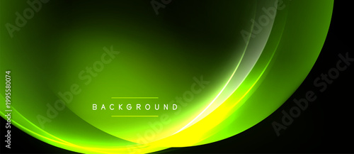 Abstract green background. Smooth curves create dynamic visual effect. Dark space contrasts bright gradients, modern design element.