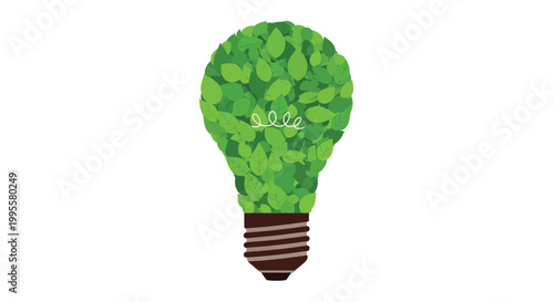 A vibrant lightbulb shape is creatively formed from numerous lush green leaves symbolizing eco friendly innovation