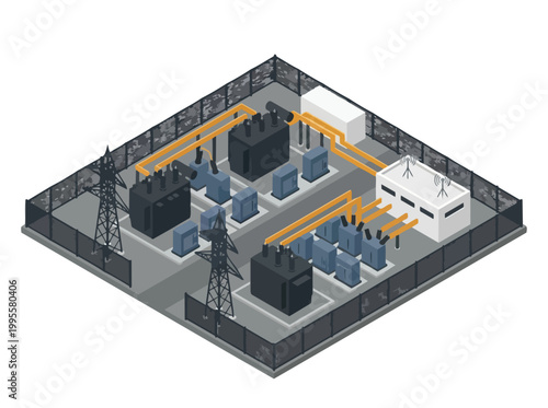 Electric power substation with transformers, circuit breakers, and distribution lines, illustrating energy infrastructure and power grid management