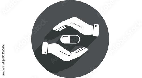 A grayscale icon depicting two hands protectively cradling a single oblong pill or capsule
