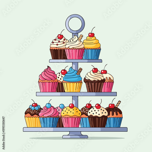 Foto A colorful cartoon illustration of a three-tiered cupcake stand