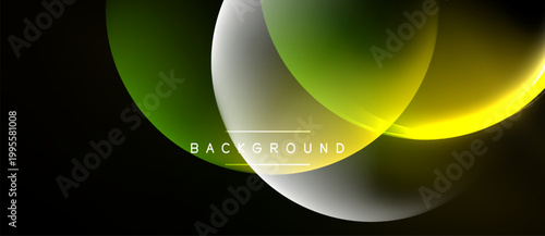 Abstract design features flowing shapes, vibrant green, yellow, white hues. Dark background emphasizes dynamic curves, modern aesthetic.